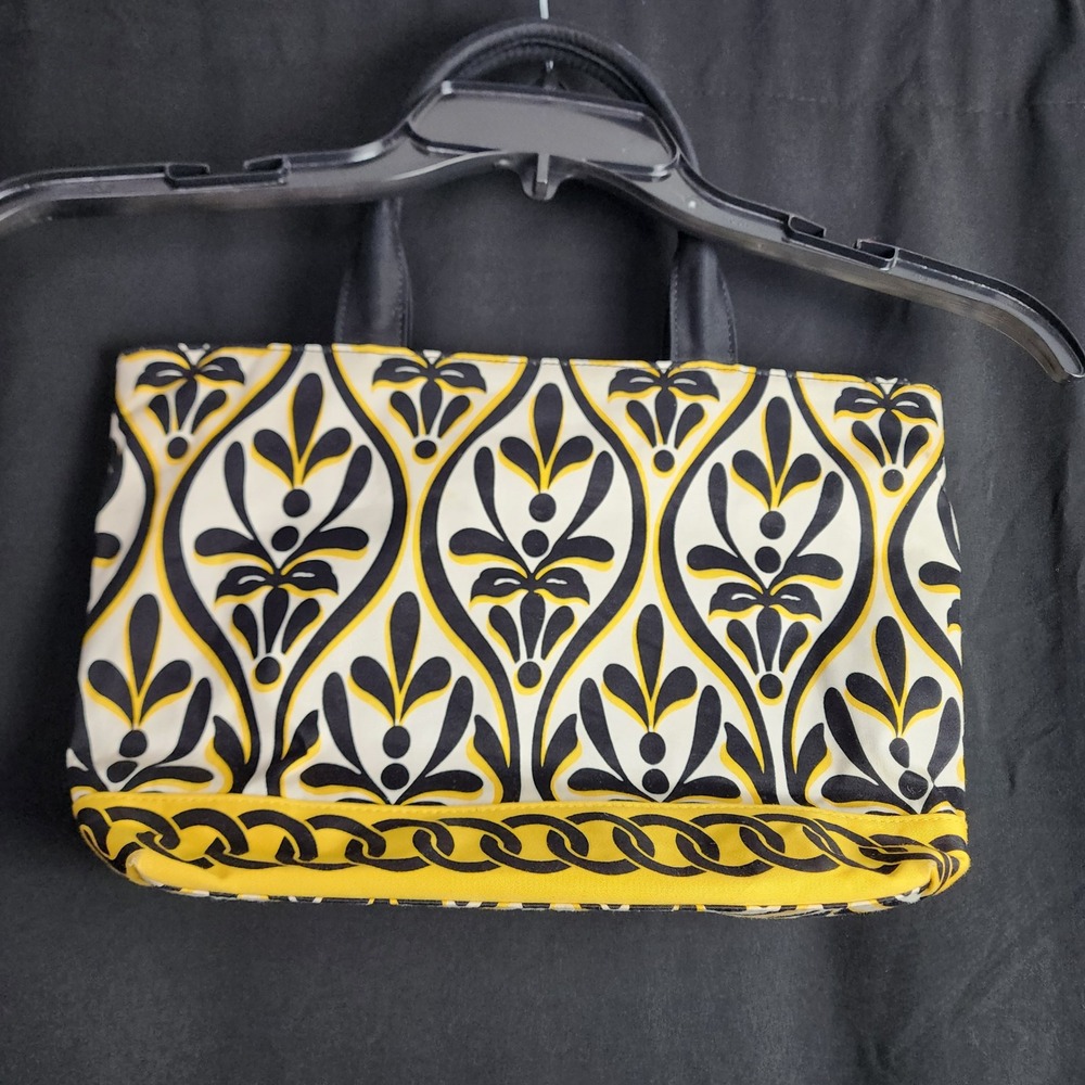 Talbots Tote Bag Black‎ Leather Handles Geometric Print Yellow Trim